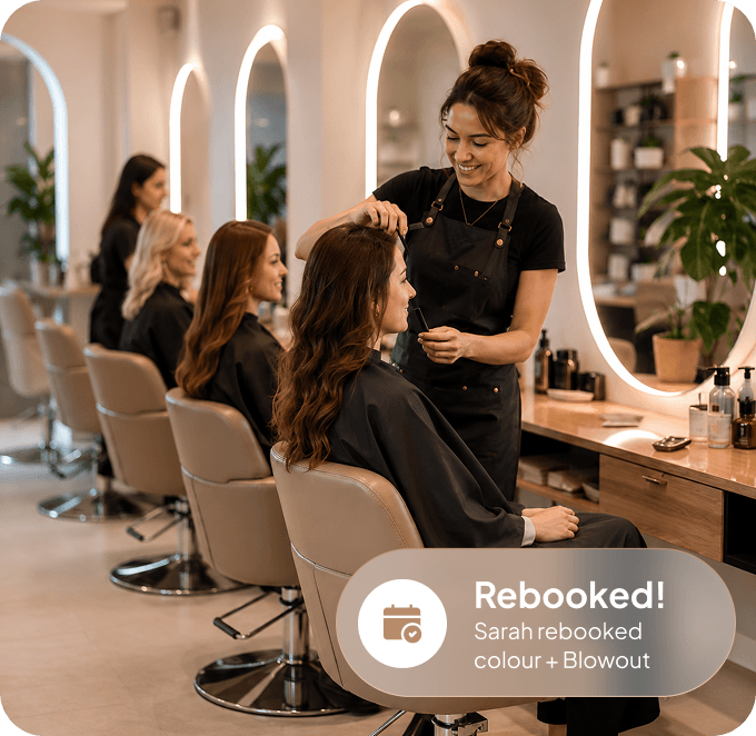 Salon rebooking confirmation — Sarah rebooked colour and blowout