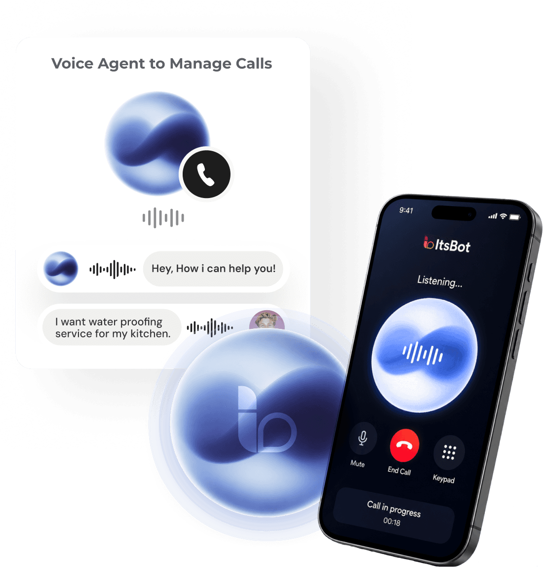 ItsBot voice agent answering a call on a phone screen