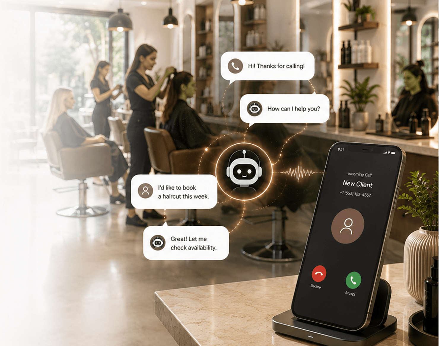 Hair salon with stylists cutting hair and an ItsBot phone widget showing an incoming client call