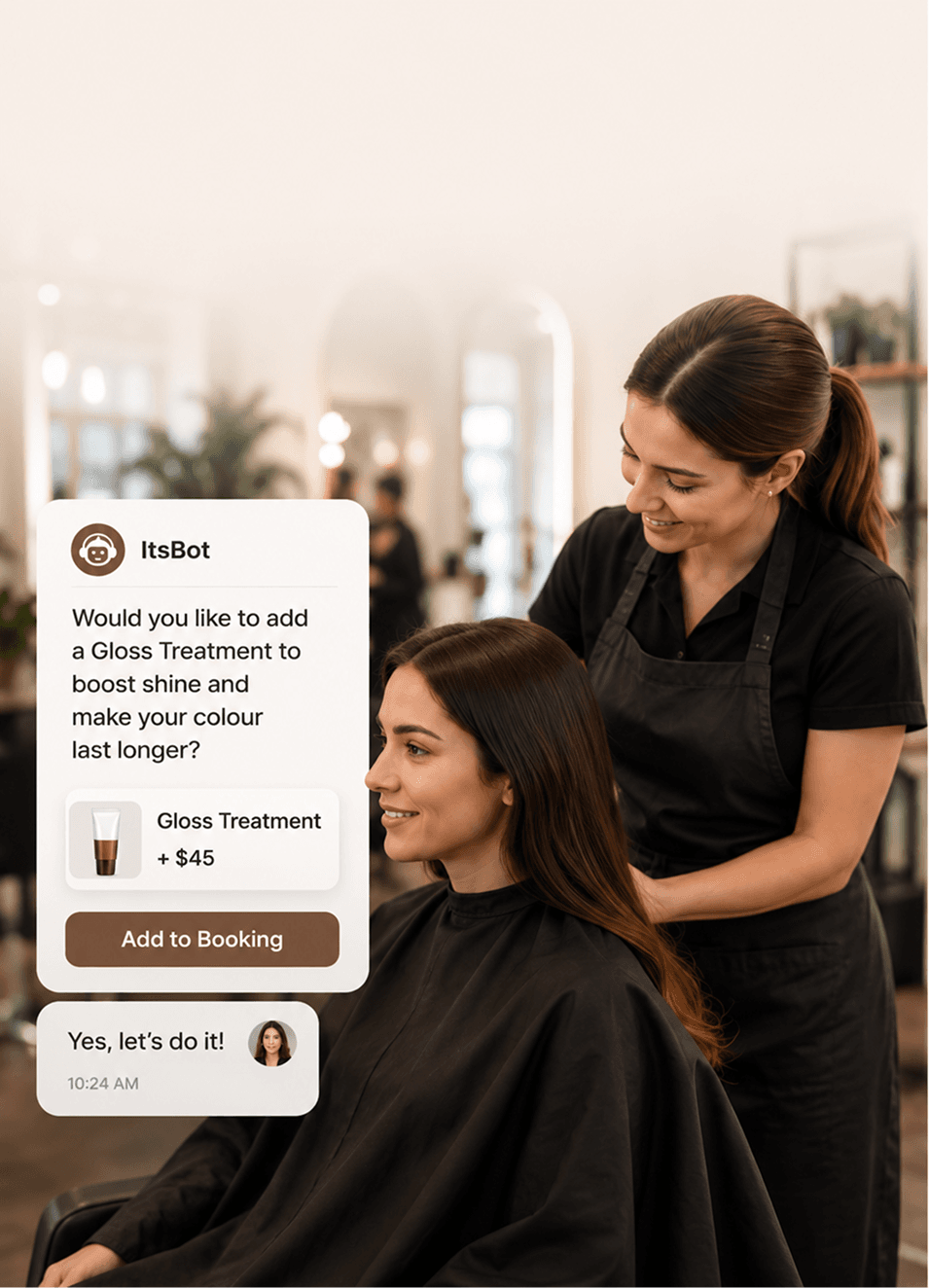 Stylist with a client and an ItsBot chat offering a gloss treatment add-on