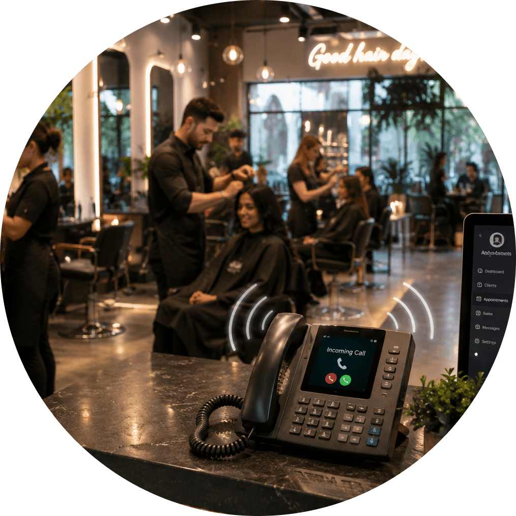 Hair salon with stylists cutting hair and a desk phone ringing with an ItsBot incoming call