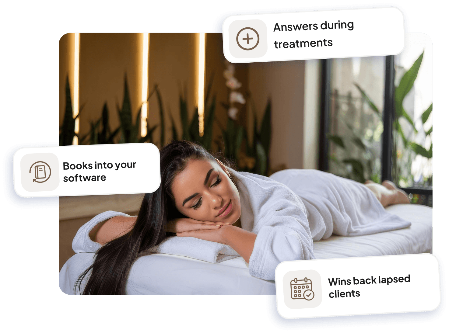Client on a spa treatment table with ItsBot chips showing Answers during treatments, Books into your software, and Wins back lapsed clients