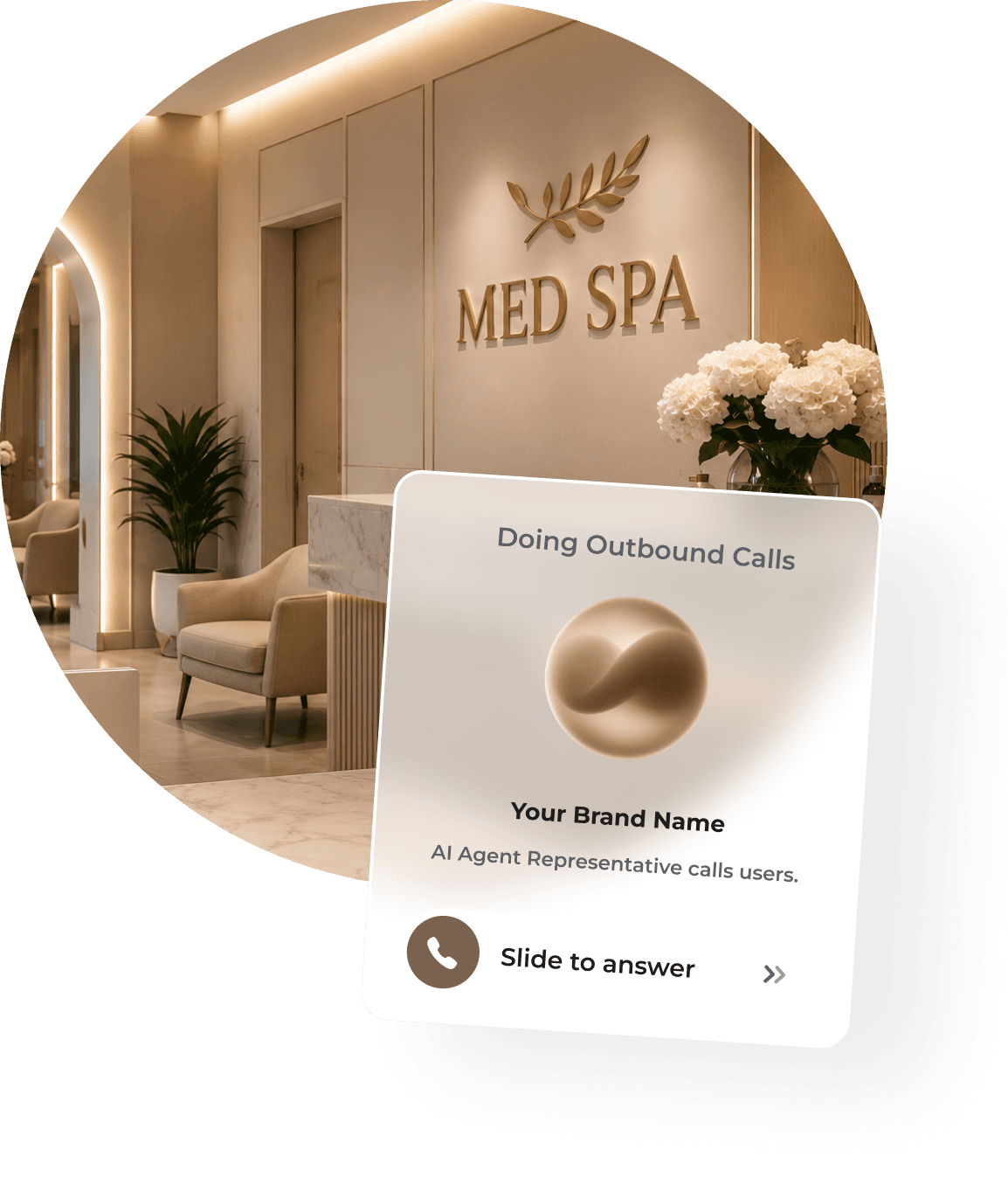 Med spa reception with ItsBot outbound call card overlay