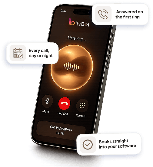 ItsBot on a live call — answered on the first ring, day or night, booked into your software
