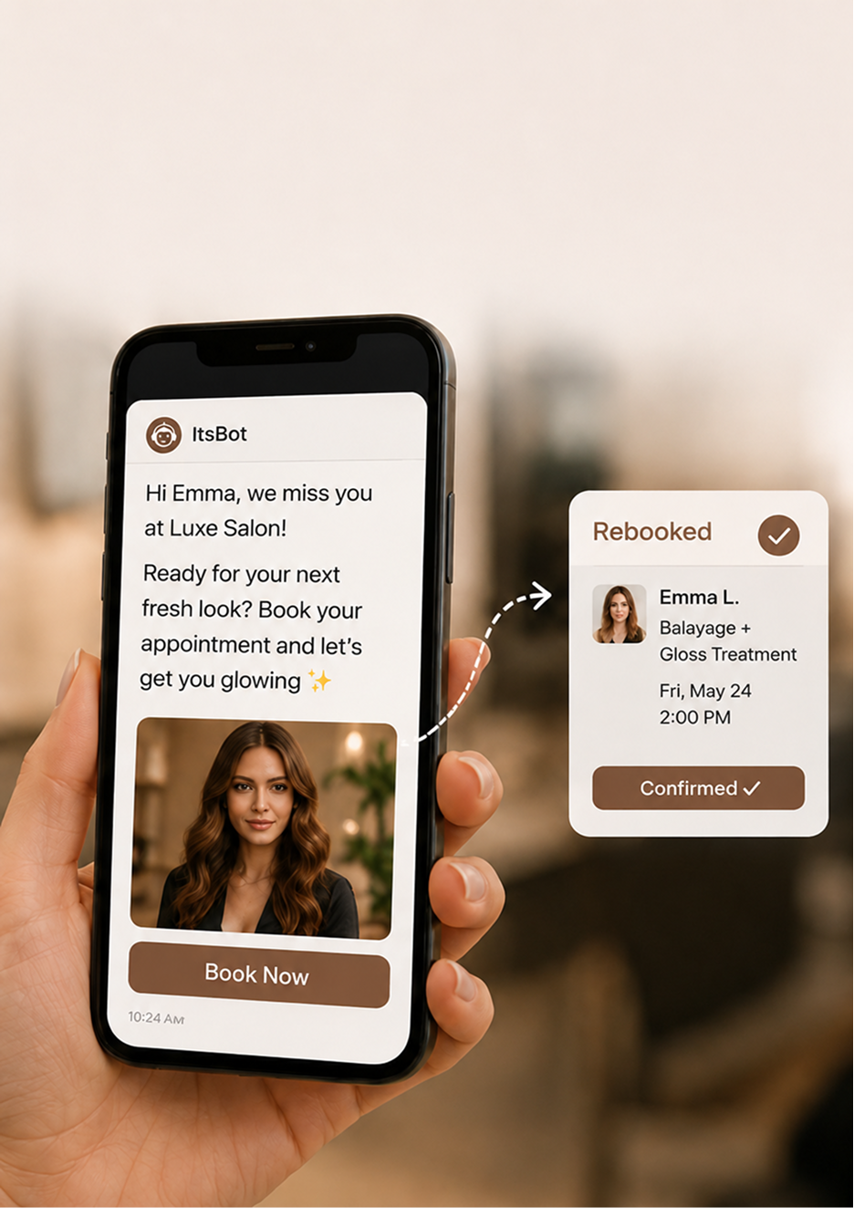 Salon receptionist booking a client while an ItsBot New Booking card appears
