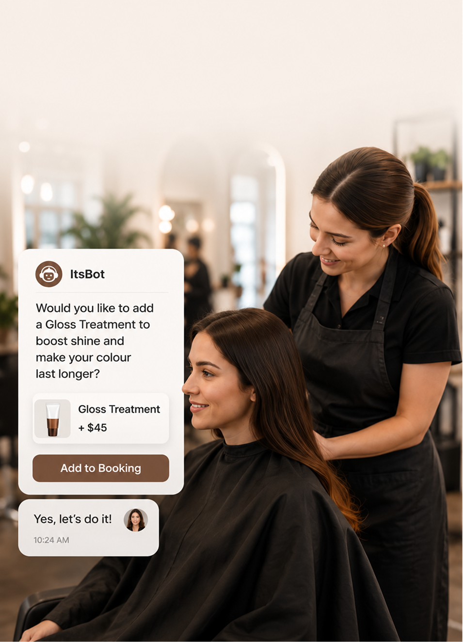 Stylist with a client and an ItsBot chat offering a gloss treatment add-on