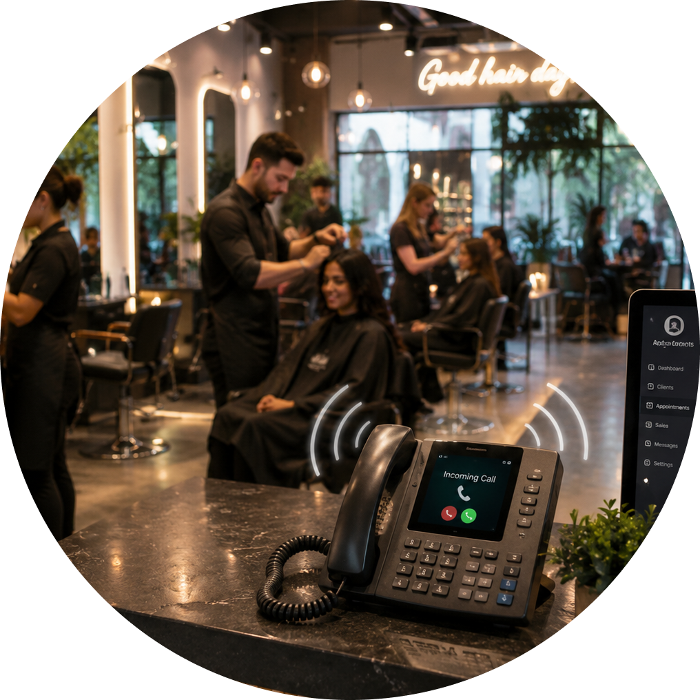 Hair salon with stylists cutting hair and a desk phone ringing with an ItsBot incoming call