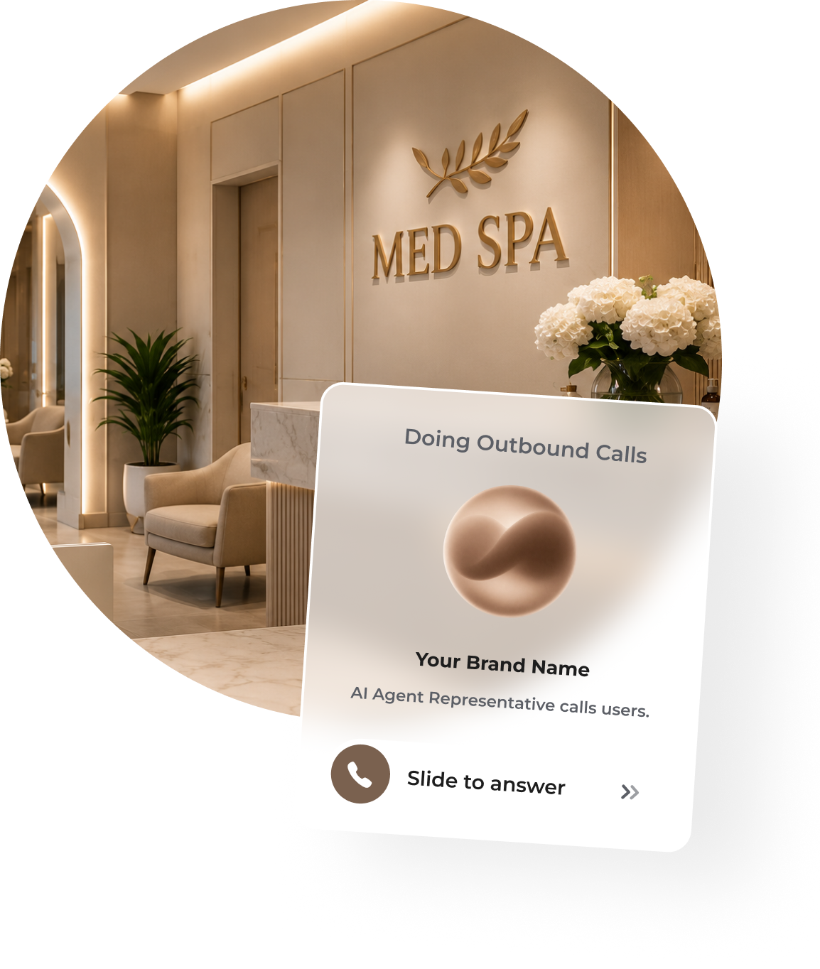 Med spa reception with ItsBot outbound call card overlay